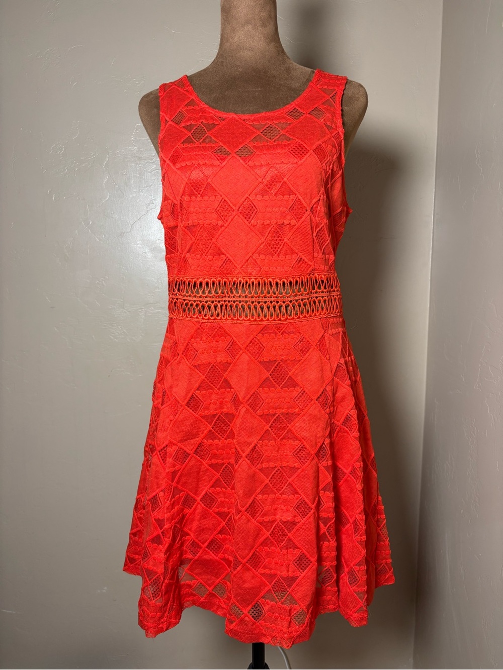 Miss Kelly coral Red Sleeveless Lace Mini Dress Crochet large boho Aztec